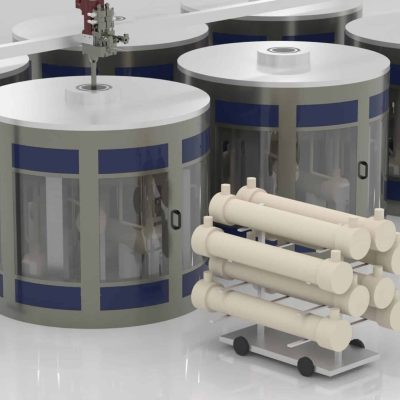 Large centrifuge for fiber casting of water filters.